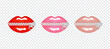 Realistic bright sexy female lips on a clasp in red, pink and beige nude colors. Set of isolated vector illustrations on transparent background
