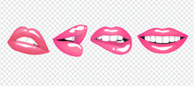 Realistic Bright Sexy Female Lips In Pink Color. Set Of Isolated Vector Illustrations On Transparent Background