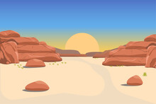 Desert Landscape With Rock Formations And Sunset Sky - Vector Illustration