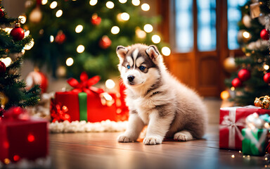 Husky Puppy's First Christmas, Indoor Holiday Scene
