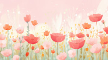 Pink Watercolor Springtime Widescreen Background With Colorful Illustrated Tulips