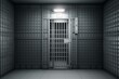 Realistic background prison iron interior with gray door, jail cells, bars, and modern details. Detailed metal lattice banner and detention centre metallic isolated. Freedom concept. Generative AI