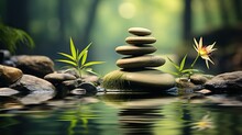 Zen Stones Pyramid Placed On The Surface Of The Water, With Green Leaves Scattered Around, Creating A Serene And Peaceful Scene