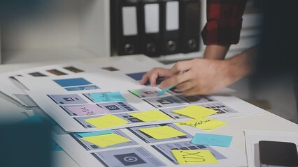 UX graphic designer planning application process development prototype wireframe for web smart phone. Creative digital development agency. in office