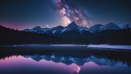 Wall Mural - sunset over lake  A starry night over a snowy mountain range. The Milky Way galaxy is visible in the sky,  