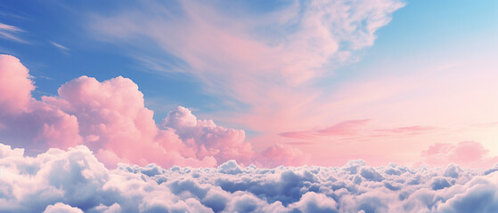 beautiful background image of a romantic blue sky with soft fluffy pink clouds. panoramic natural vi