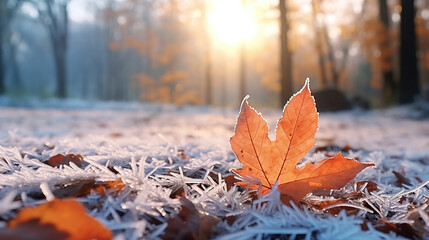 beautiful colorful nature with bright orange leaves covered with frost in late autumn or early winte