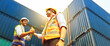 © ฺฺฺBoonterm - Cooperation between caucasian foreman and asian worker engineering teamwork successful handshake greeting outdoor workplace loading yard cargo container terminal logistics transportation industry.