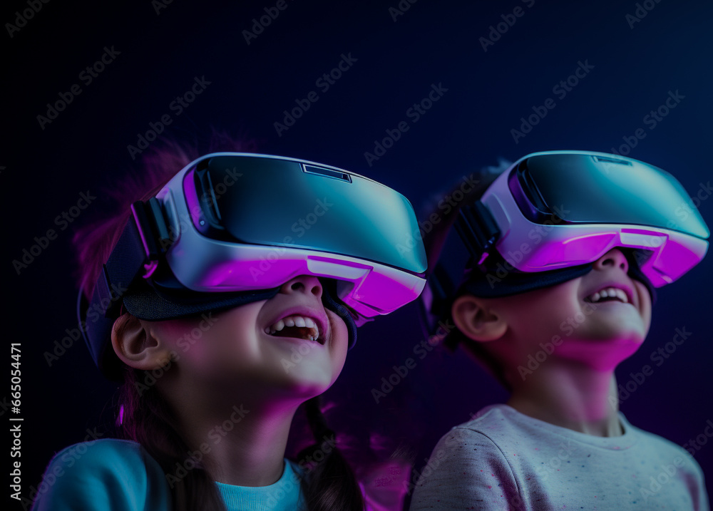 New generation Kids Using VR Headsets to Immerse Into New VR Gaming Worlds. Gen Alpha Digital Natives with Virtual Reality Smart Glasses.
