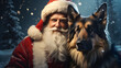 Santa Claus and his trusty German Shepherd companion in a snowy winter wonderland,