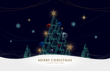 Wall Mural - Abstract trendy geometric line art Christmas tree, with Christmas ornaments and shiny sparkles in black background. Vector illustration of holiday greeting cards, poster, banner.