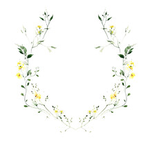 Watercolor Floral Symmetric Frame On White. Yellow Meadow Flowers And Small Wild Green Herbs, Leaves And Twigs.
