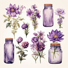 Collection Of Watercolor Mason Jars With Purple Flowers Clipart.
