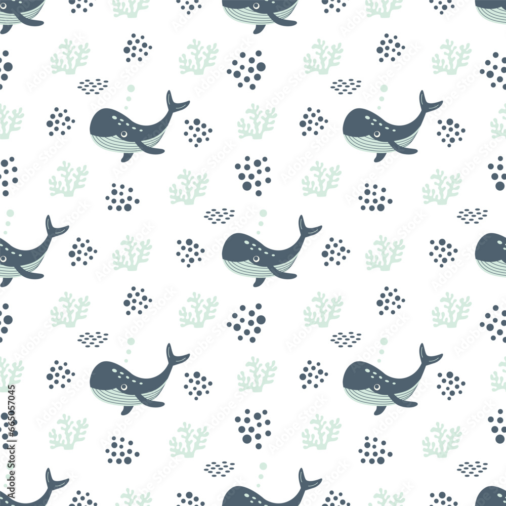 Seamless pattern with sea animals. Blue whale in the ocean among sea ...