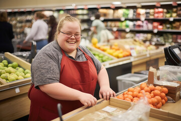 Smiling woman with Down syndrome working in a grocery store