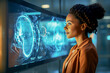 happy black female doctor analyzes at a futuristic x-ray of a brain in the hospital. mental illness and neurodegenerative injuries