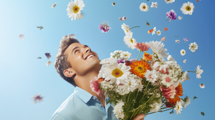 Portrait of a young man in love with a huge bouquet of flowers that he carries to his wife. Fresh colorful bouquet in the air. On clear blue sky, plant nature concept. An explosion of flowers.