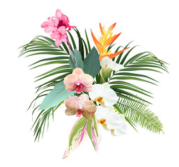Wall Mural - Pink canna flower, white and striped orchid, calla lily, yellow bird of paradise, tropical leaves design vector bouquet