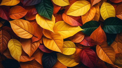 Wall Mural - Autumn background with colored leaves background. Top view, copy space