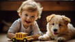  Cute little white baby playing with his dog puppy and car toys at home 