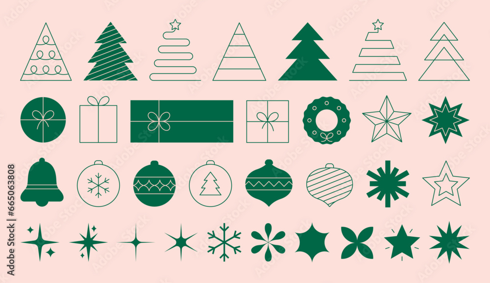 Vetor Set of minimalistic geometric Christmas elements in flat and ...