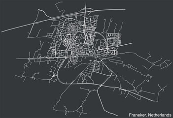 Detailed hand-drawn navigational urban street roads map of the Dutch city of FRANEKER, NETHERLANDS with solid road lines and name tag on vintage background