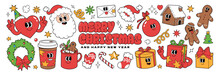 Merry Christmas And Happy New Year Stickers. Santa Claus Gifts Coffee Heart Gingerbread In Trendy Groovy Retro Cartoon Style. Sticker Pack Of Cartoon Characters And Elements.