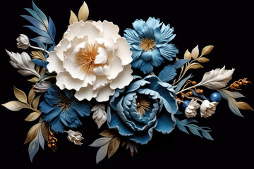  Blue and White Peonies on a Dark Background. Generative AI