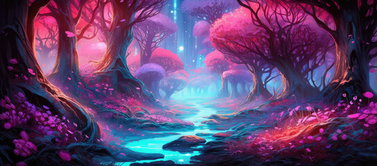 Wall Mural - Dark Forest with Purple Glowing Mushrooms extreme closeup. Generative AI