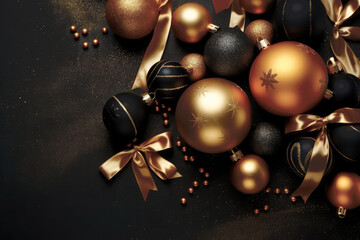 Poster - Luxury Black New Year Background with Golden and Black Christmas Balls extreme closeup. Generative AI