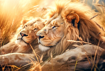 Wall Mural - Majestic African lion couple loving pride. lions in habitat in sunny day