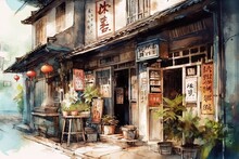 Traditional Chinese Storefront In Watercolor Style