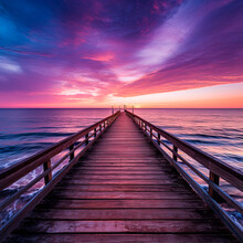 A Pier Stretching Out Into The Ocean At Purple Sunset. Generative AI