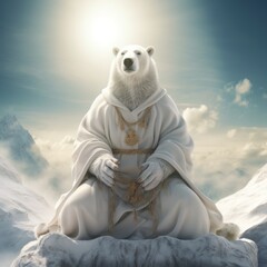 Wall Mural - god in form of white bear sitting like man on top of snow-capped mountain