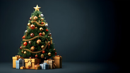 Wall Mural - Illustration of a Christmas tree decorated with red and golden balls, golden star and ribbon, lots of gift boxes and copy space, isolated on dark blue background, horizontal 9:16 