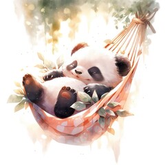 Wall Mural - A sleepy baby panda in a hammock. watercolor illustration.