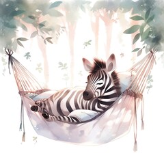 Wall Mural - A sleepy baby zebra in a hammock. watercolor illustrations.