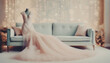 immagine con elegante abito da sera femminile su un manichino, divano, ambiente lussuoso e raffinato

