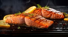 Gourmet Cutlet Of Fresh Salmon Seasoned With Herbs, Spices, And Lemon Zest Grilling On A Griddle.