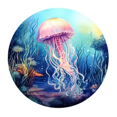 Wall Mural - Jellyfish in an underwater landscape in a circle.