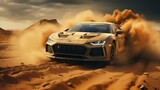 Racing car rushing through the desert at high speed, kicking up huge dust and sand under the wheels when turning, rally off road