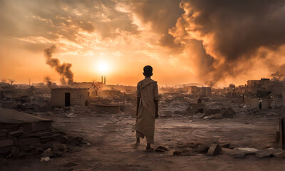 Wall Mural - back view of The Arab little Boy was looking and walking of The war-torn city was left with burnt remains and smoke. concept of peace of war. effects of war, The atrocities of war.