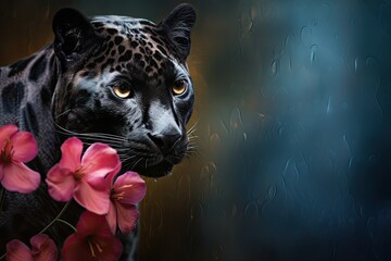 Poster -  a painting of a black leopard with flowers in its mouth.  generative ai