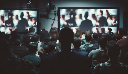 People crowd watching TV. TV addiction, propaganda and fake news concept.