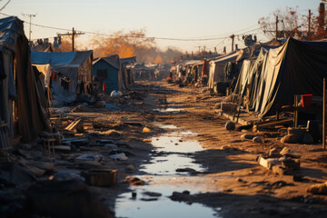 Sticker - A photo of a crowded refugee camp, illustrating the challenges of forced displacement and the refugee crisis. Concept of displacement. Generative Ai.