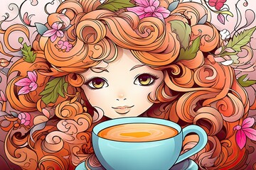 Poster -  a woman with long red hair holding a cup of coffee.  generative ai