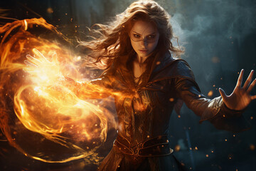 Wall Mural - Generative ai collage photo of strong warrior woman fight with fire spell