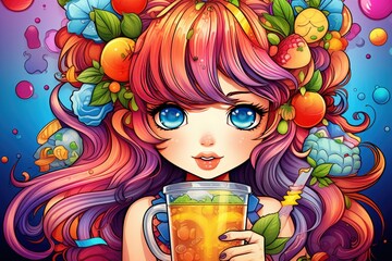 Wall Mural -  a girl holding a glass of beer with fruit on her head.  generative ai