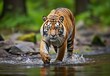 © Anowar - Amur tiger walking in the water. Dangerous animal.  Animal in a green forest stream.