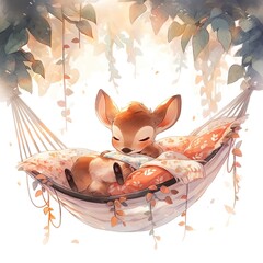 Wall Mural - A sleepy baby deer in a hammock. watercolor illustration.